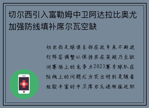 切尔西引入富勒姆中卫阿达拉比奥尤加强防线填补席尔瓦空缺