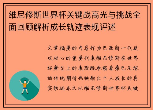 维尼修斯世界杯关键战高光与挑战全面回顾解析成长轨迹表现评述