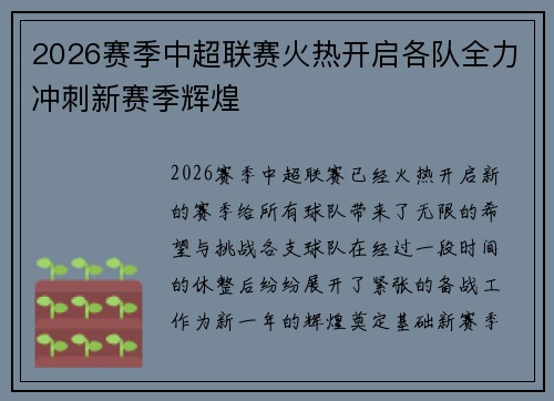 2026赛季中超联赛火热开启各队全力冲刺新赛季辉煌